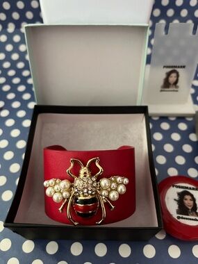NWOT Red Leather-like Bee Pearl Accent Cuff Bracelet